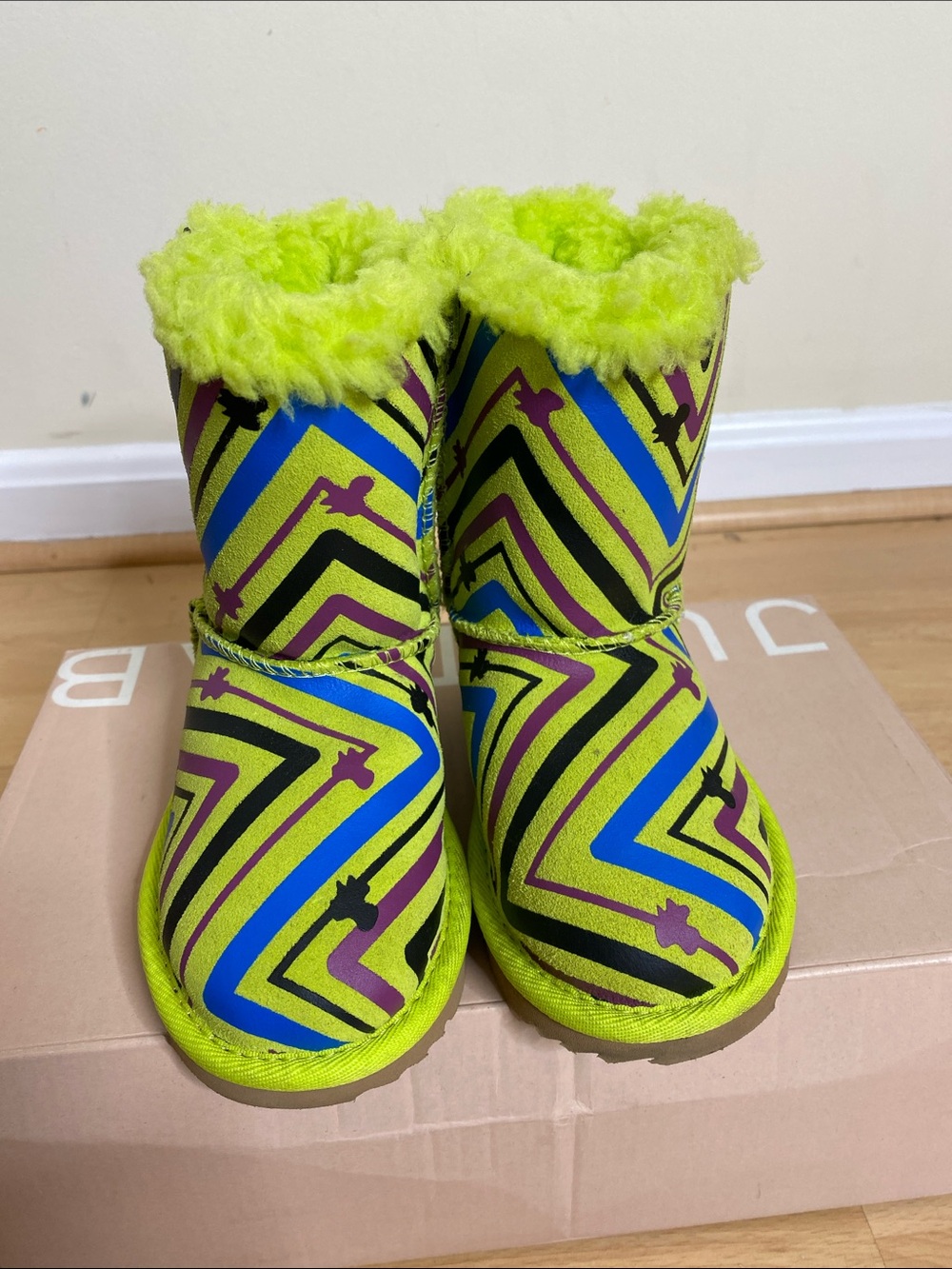 UGG Neon Lime Multi‑Pattern Kids Shearling Boots